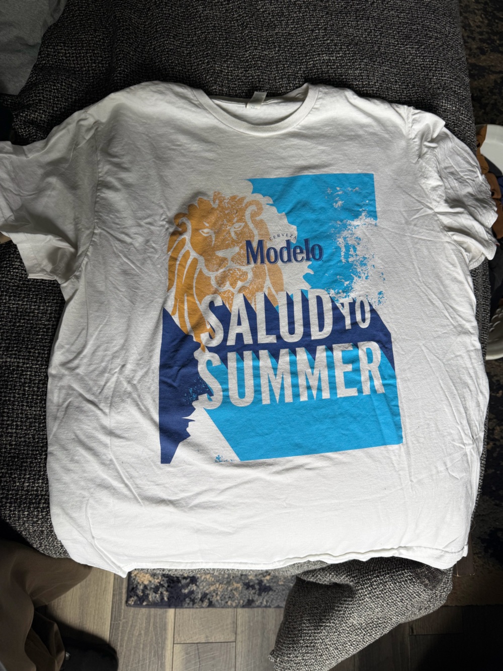 Fruit of the Loom White T-Shirt with Blue and Gold Modelo Graphic